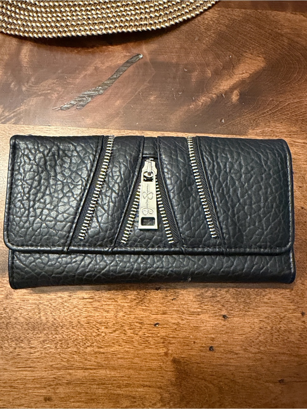 Jessica Simpson Black Textured Zip-Accent Card Holder Wallet